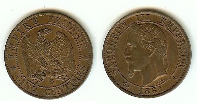Cinq centimes Napoléon III, tête laurée 1861BB SPL-